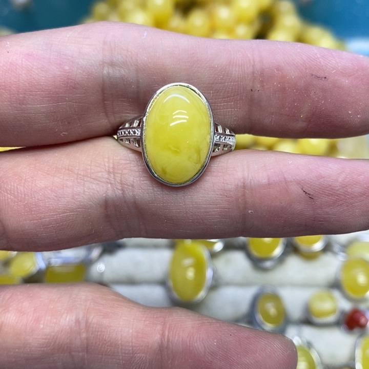 蜜蜡裸石银S925镶嵌戒指