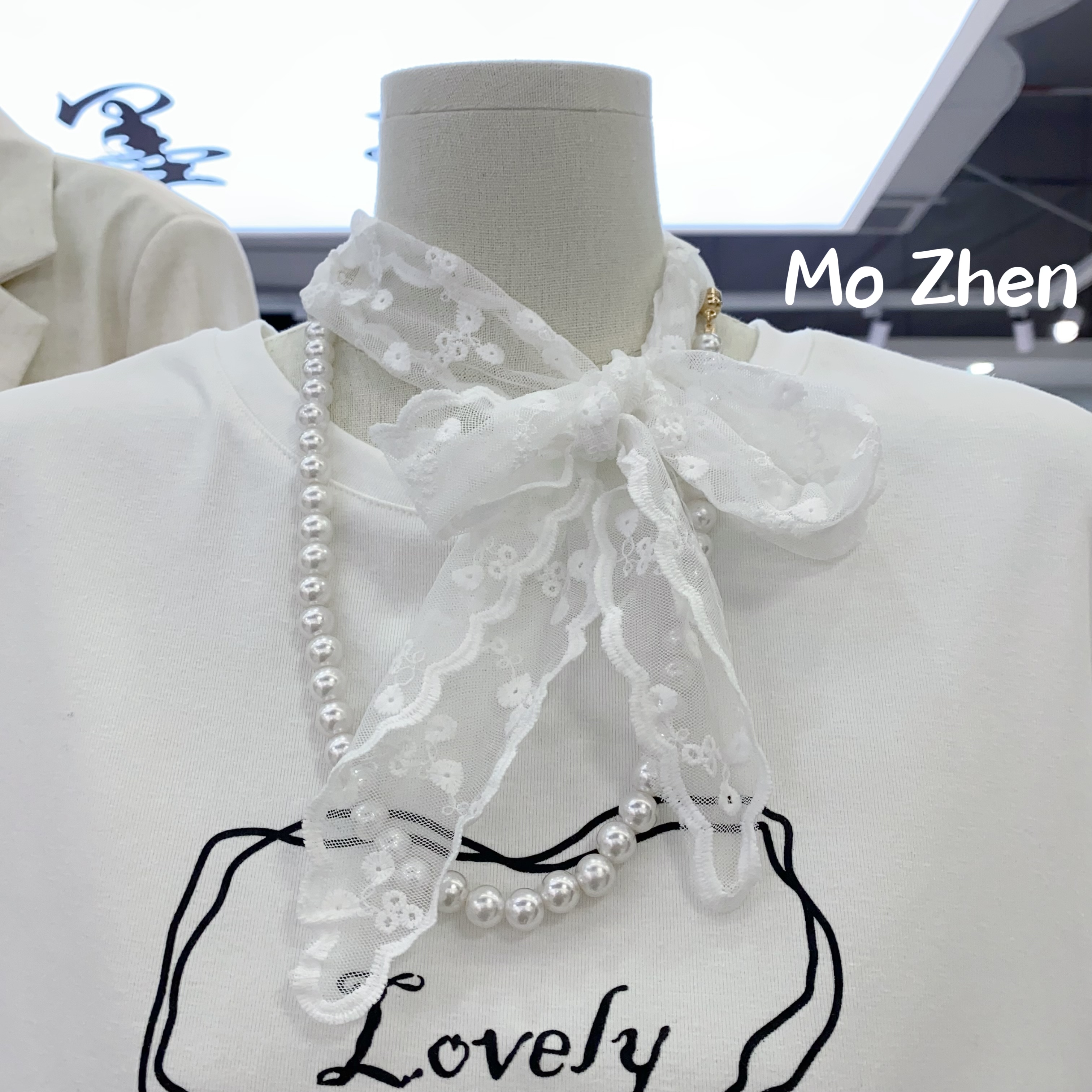 非金属仿珍珠项链 法式蕾丝绑带气质时尚优雅百搭单品针织项链