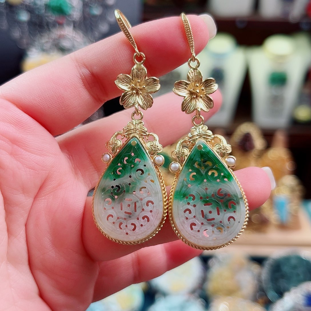 翡翠银S925镶嵌耳饰国风