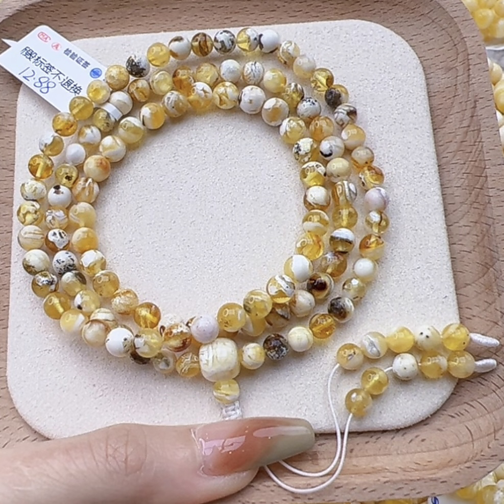 12.88克 6+mm 瓷白拉丝佛珠108 蜜蜡项链 多圈手串