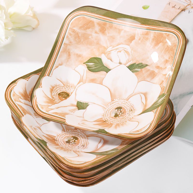 【山茶花8.5英寸方盘4只装】陶瓷炒菜盘子方盘家用炒菜碟子