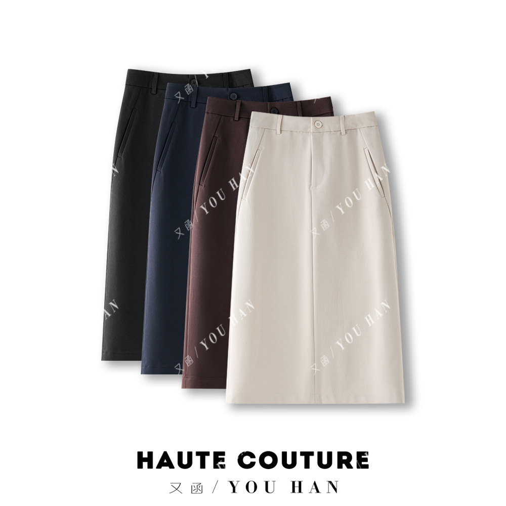 秋款新款超态棉极简口袋a字半身裙高腰后开叉气质中长裙子包臀裙