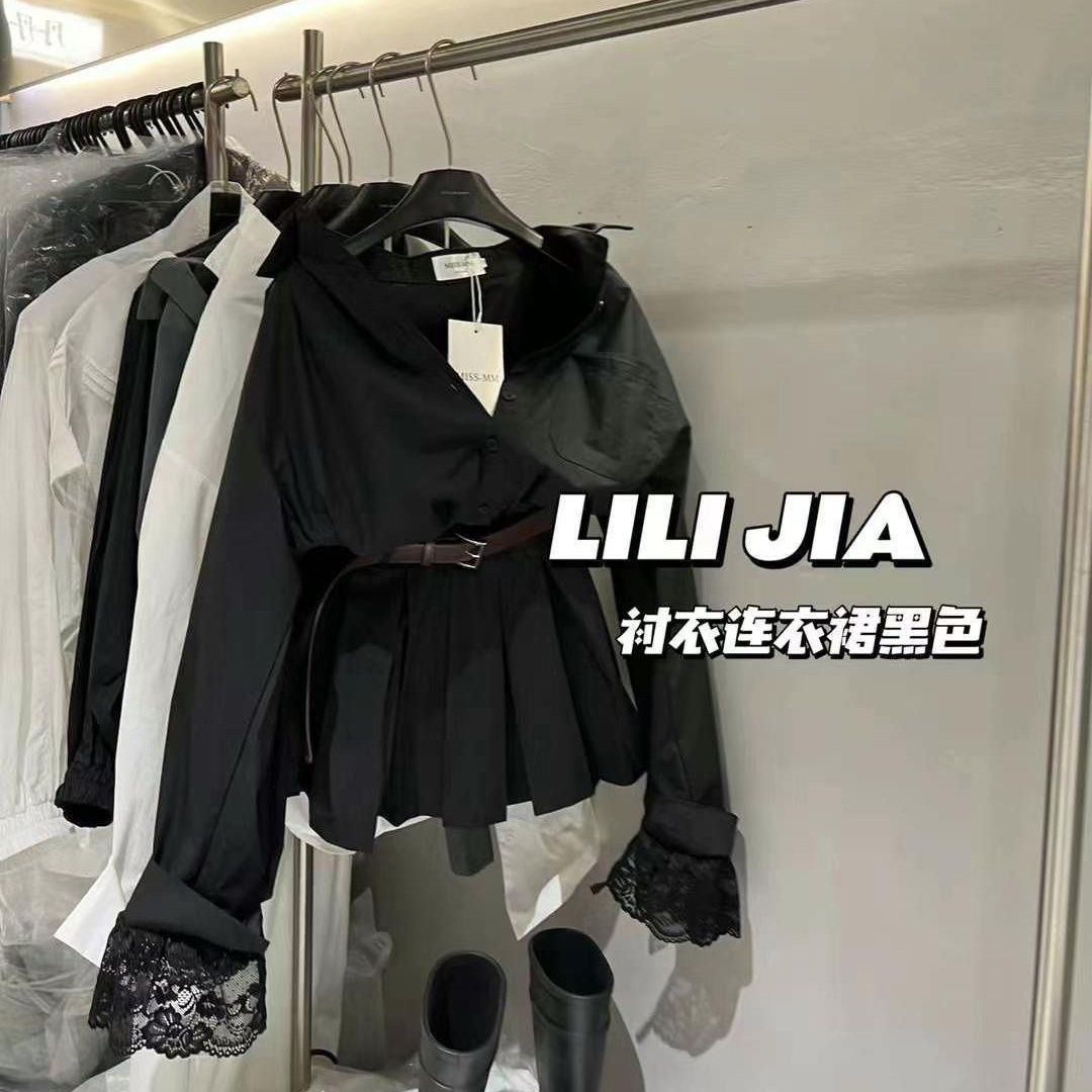 新款衬衫裙两件套收腰带腰带袖口蕾丝款连衣裙