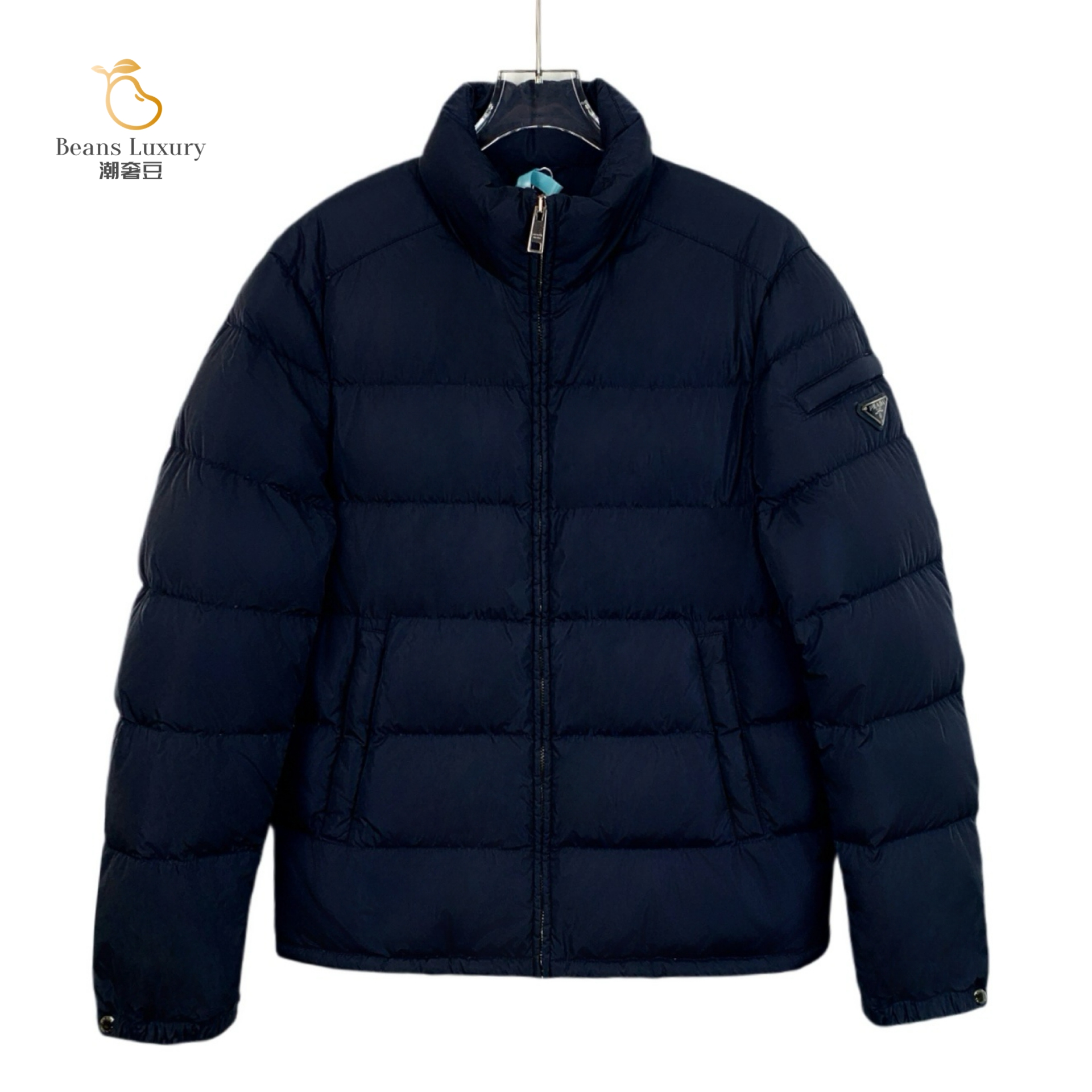 99新 Prada/普拉达 潮奢豆 严选/深蓝色三角标拉链羽绒服/J13567