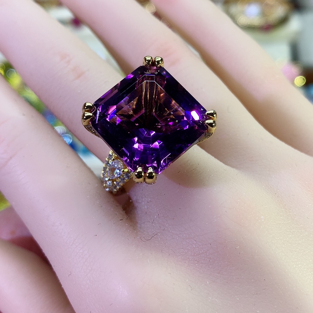 紫晶戒指银S925镀金镶嵌