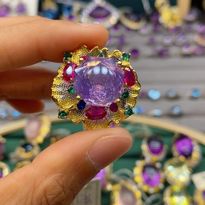 水晶戒指银S925镶嵌叫***红天然水晶戒指