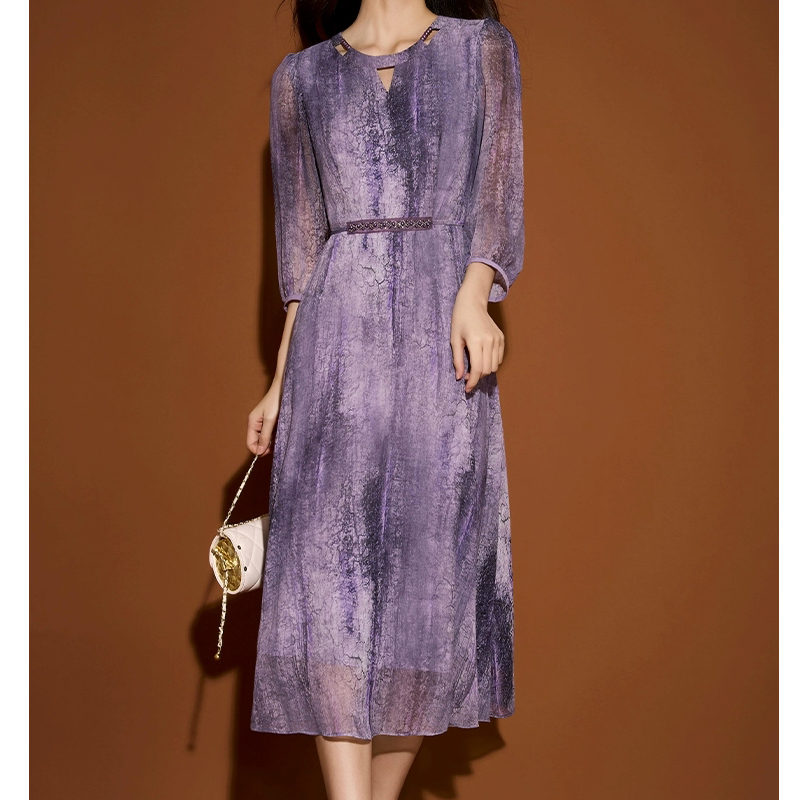 高端洋气紫色晕染礼服连衣裙女春夏新款宽松显瘦气质长裙