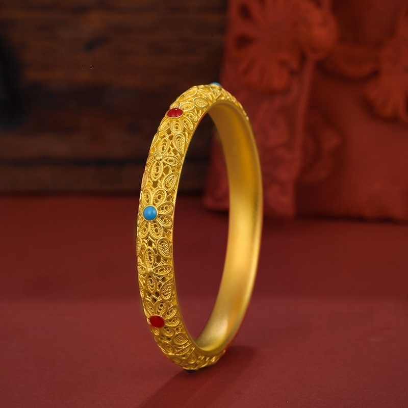 足银手镯 古法皇后手环 银镂空手镯生日礼物气质百搭足银镀金