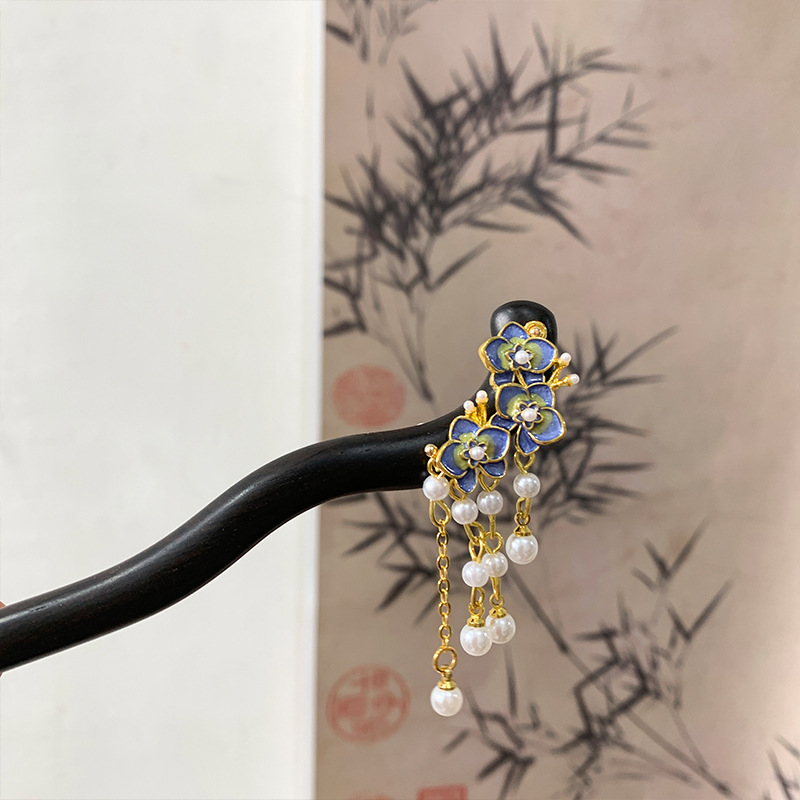 黑檀木发簪重工款古风女高级感小清新铃兰花步摇流苏百搭日常发饰