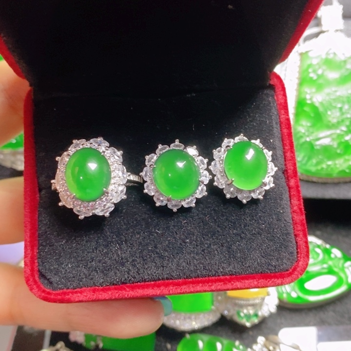 翡翠银S925镶嵌挂件蛋面两件套