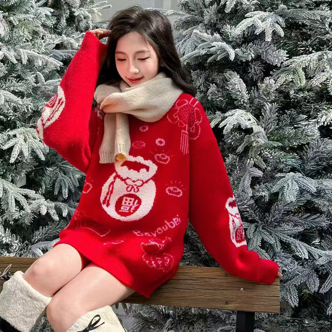 圣诞红色冬季加绒毛衣福袋网红时尚百搭韩版圆领软糯针织套头热门