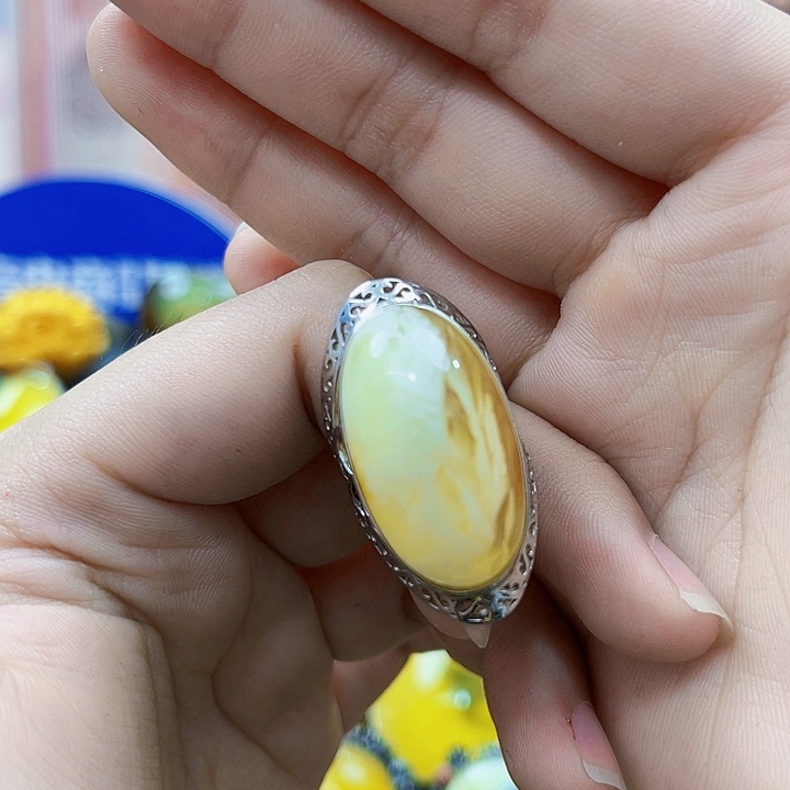 蜜蜡银S925镶嵌裸石戒指