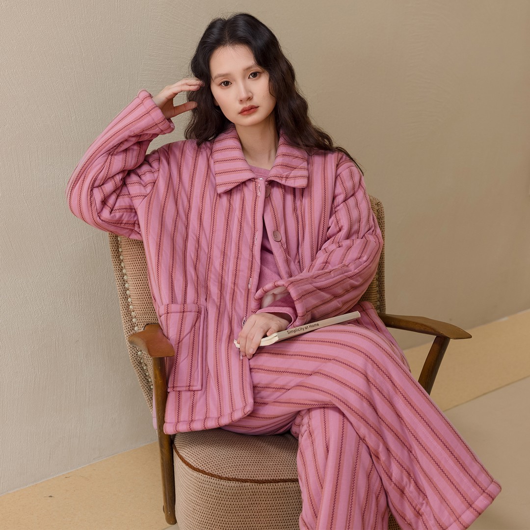 韩系温柔甜美条纹夹棉睡衣女秋冬季新款加厚保暖休闲家居服两件套