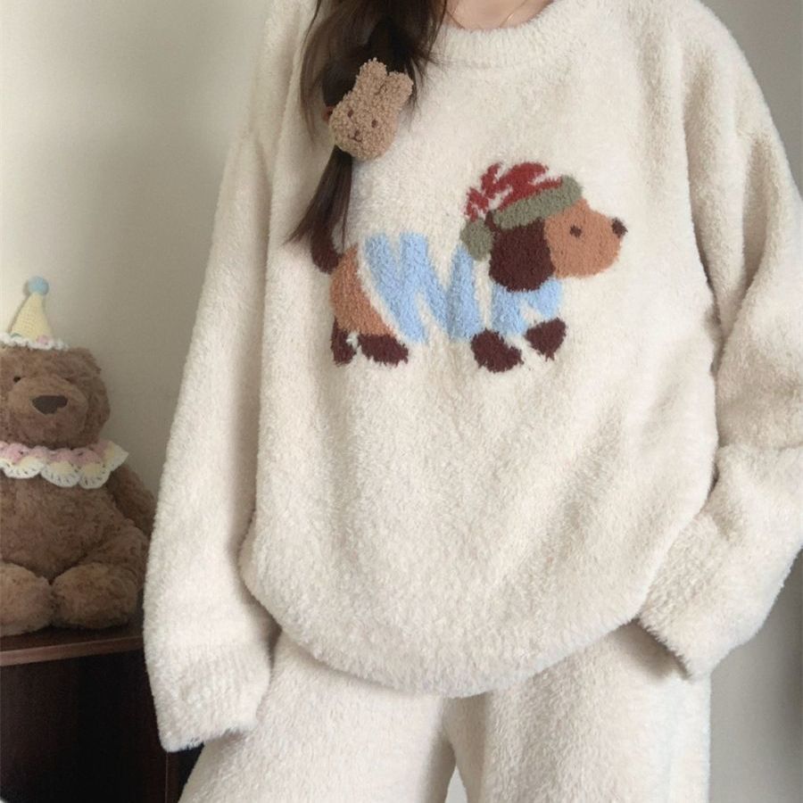 少女甜美半边绒腊肠狗睡衣女秋冬季长袖长裤ins保暖休闲风两件套