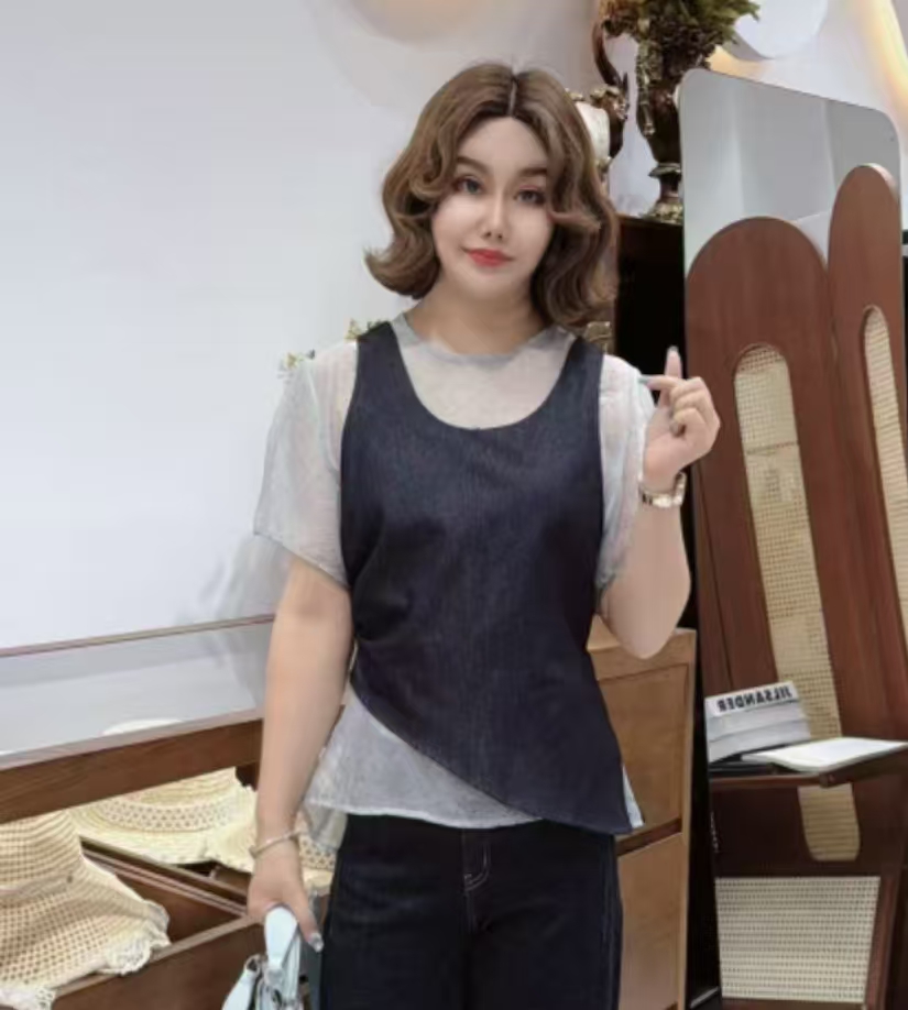 闺蜜精品042227【纤星夜语】牛仔马甲+波点衫两件套