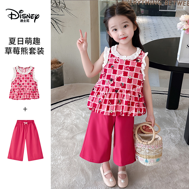 Disney/迪士尼格子卡通风薄款女森系夏季套装2025年童装夏日女童