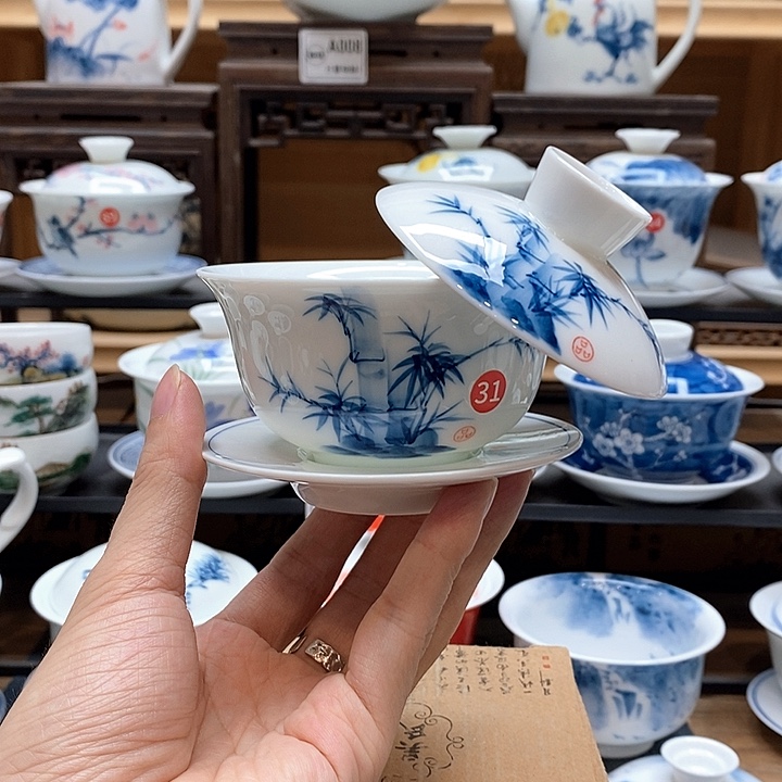 手绘咏竹悬停盖碗150cc三才釉下彩微瑕福利款