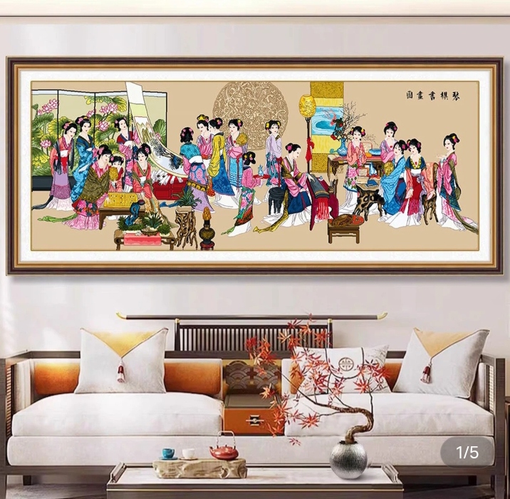 3.2白色布纯手工绣好的十字绣成品十八金钗琴棋书画客厅装饰挂画