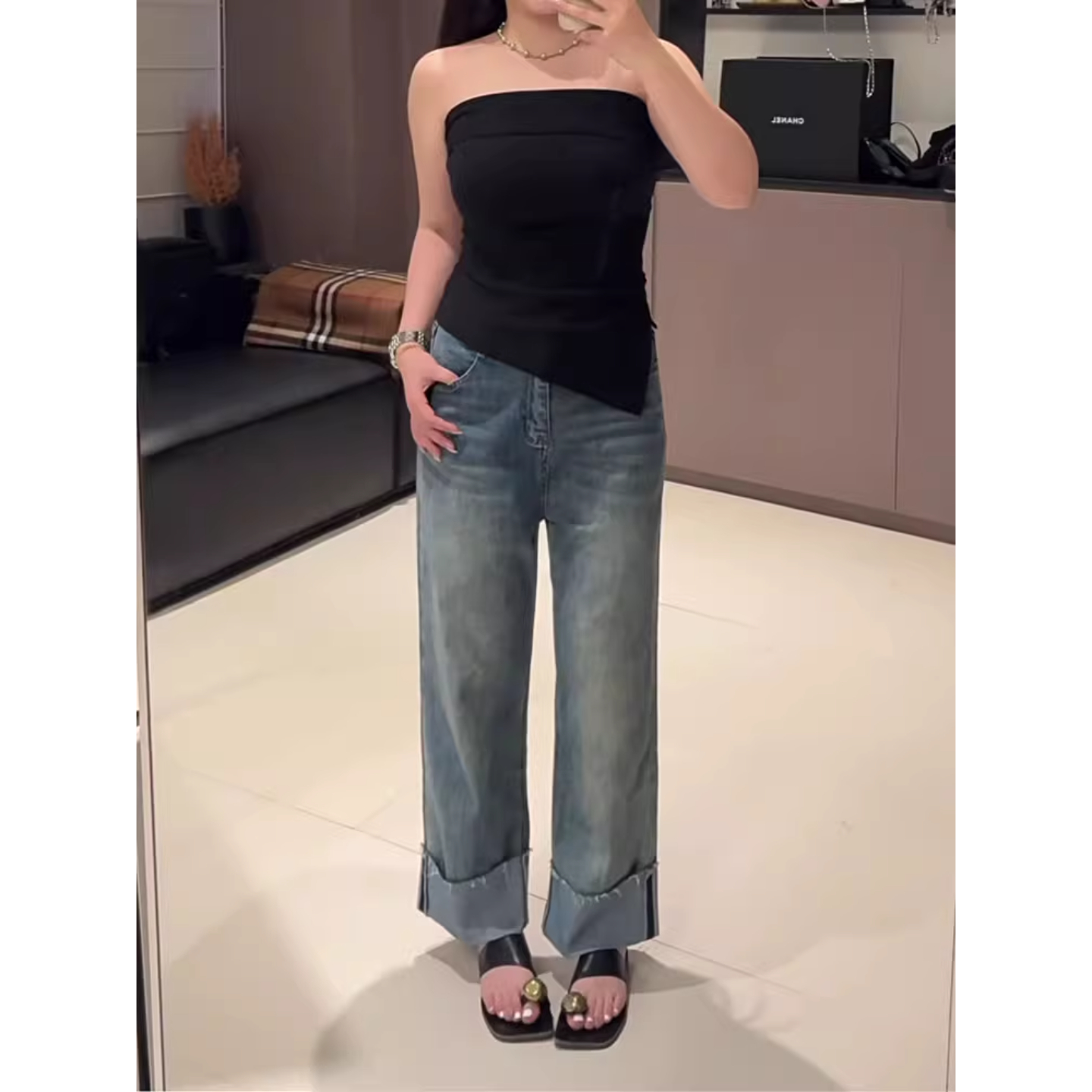 梨型身材卷边直筒牛仔裤女秋季新款大码胖mm宽松显瘦小个子阔腿裤