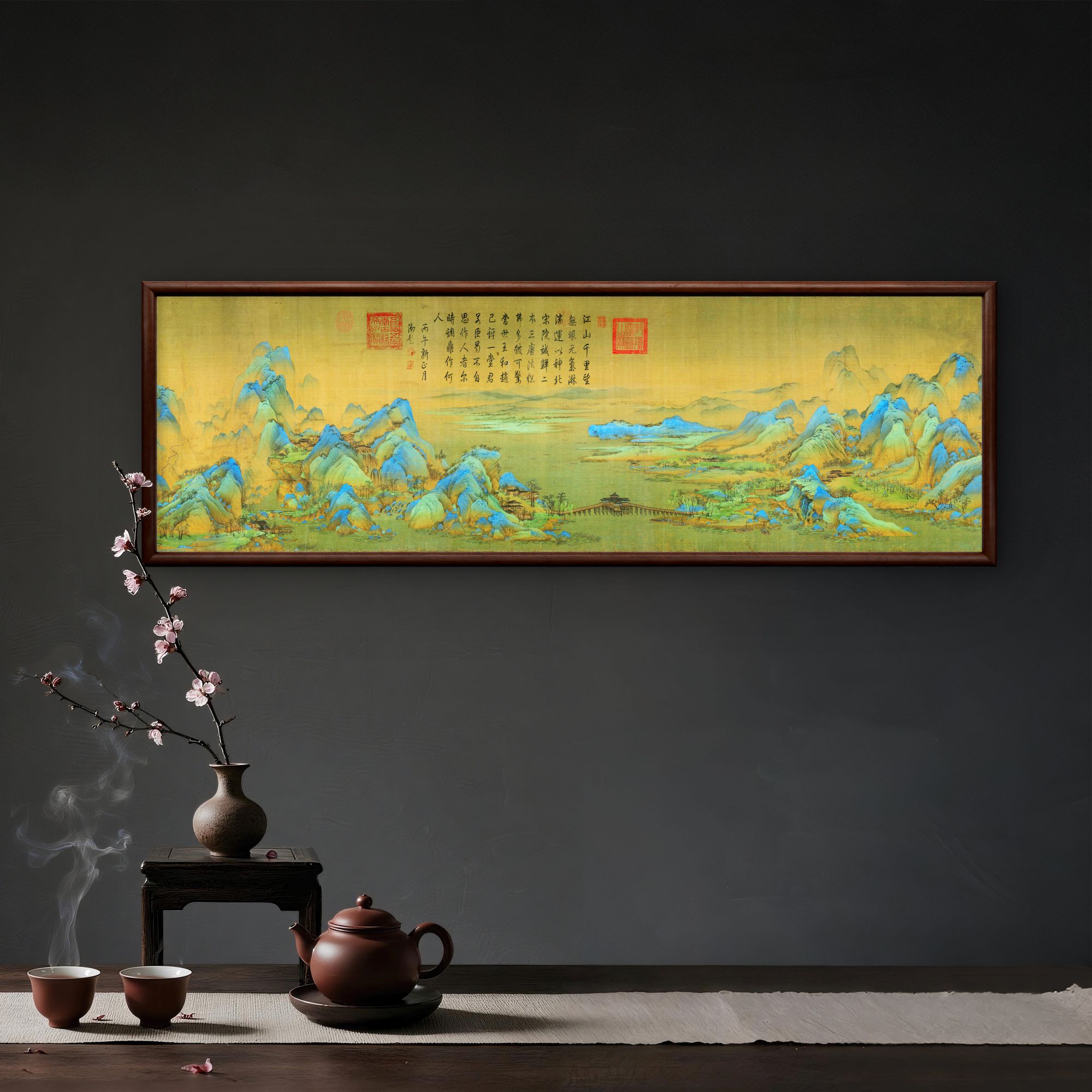 9698 -40*120千里江山装饰画实木玄关书房茶室客厅挂画