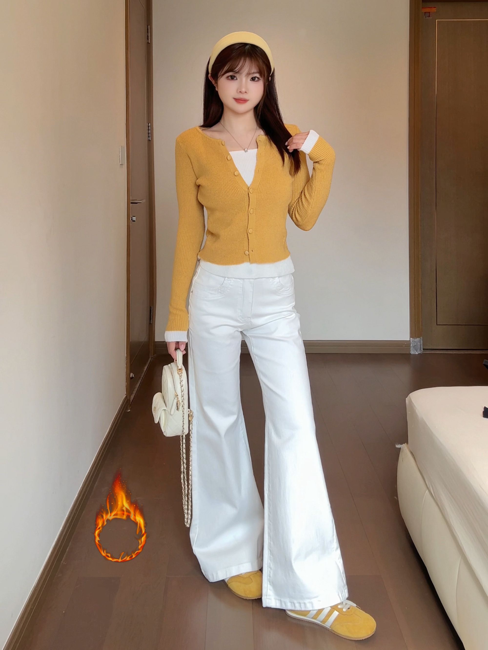 小鱼故事冬季新款加绒高腰阔腿裤子牛仔裤新款显瘦白色拖地裤女