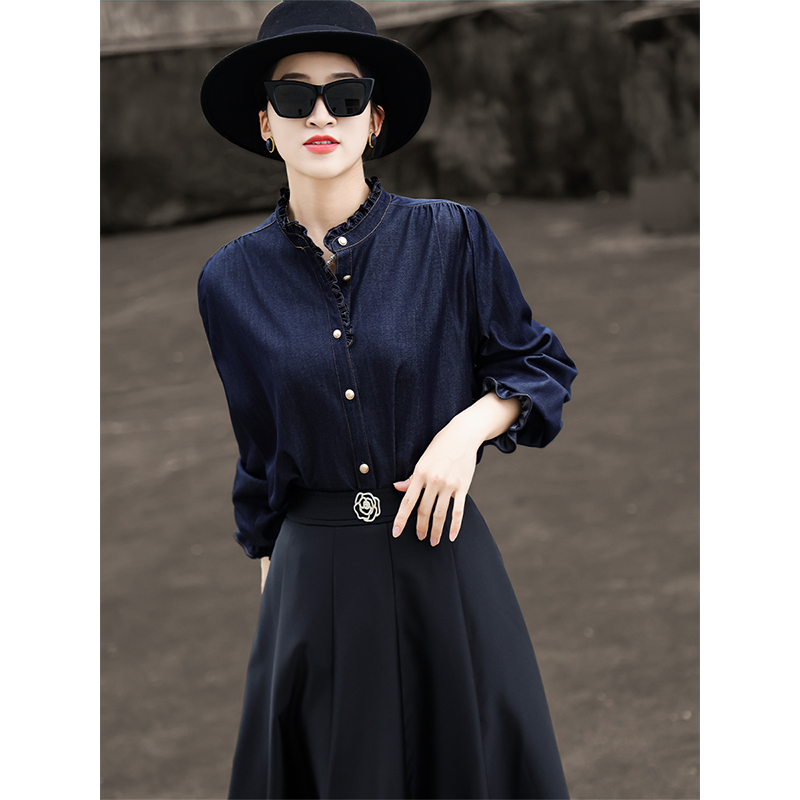 MEXCOCO/兰瑟儿春季新款气质通勤复古收腰百搭牛仔衬衣女M5CD0227