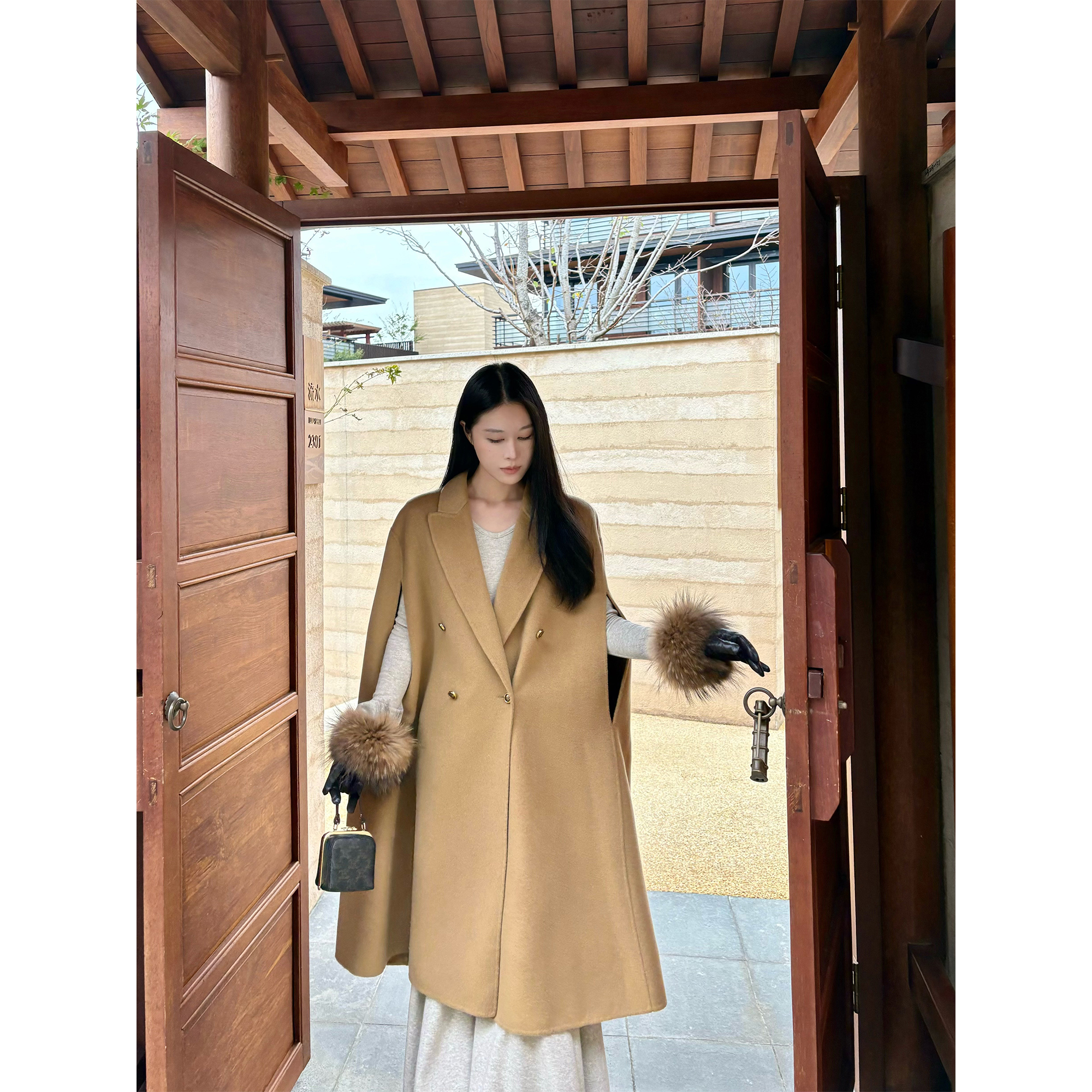 周淼【督骑斗篷】100羊毛双面呢斗篷中长款大衣外套女ZM25D5196JB