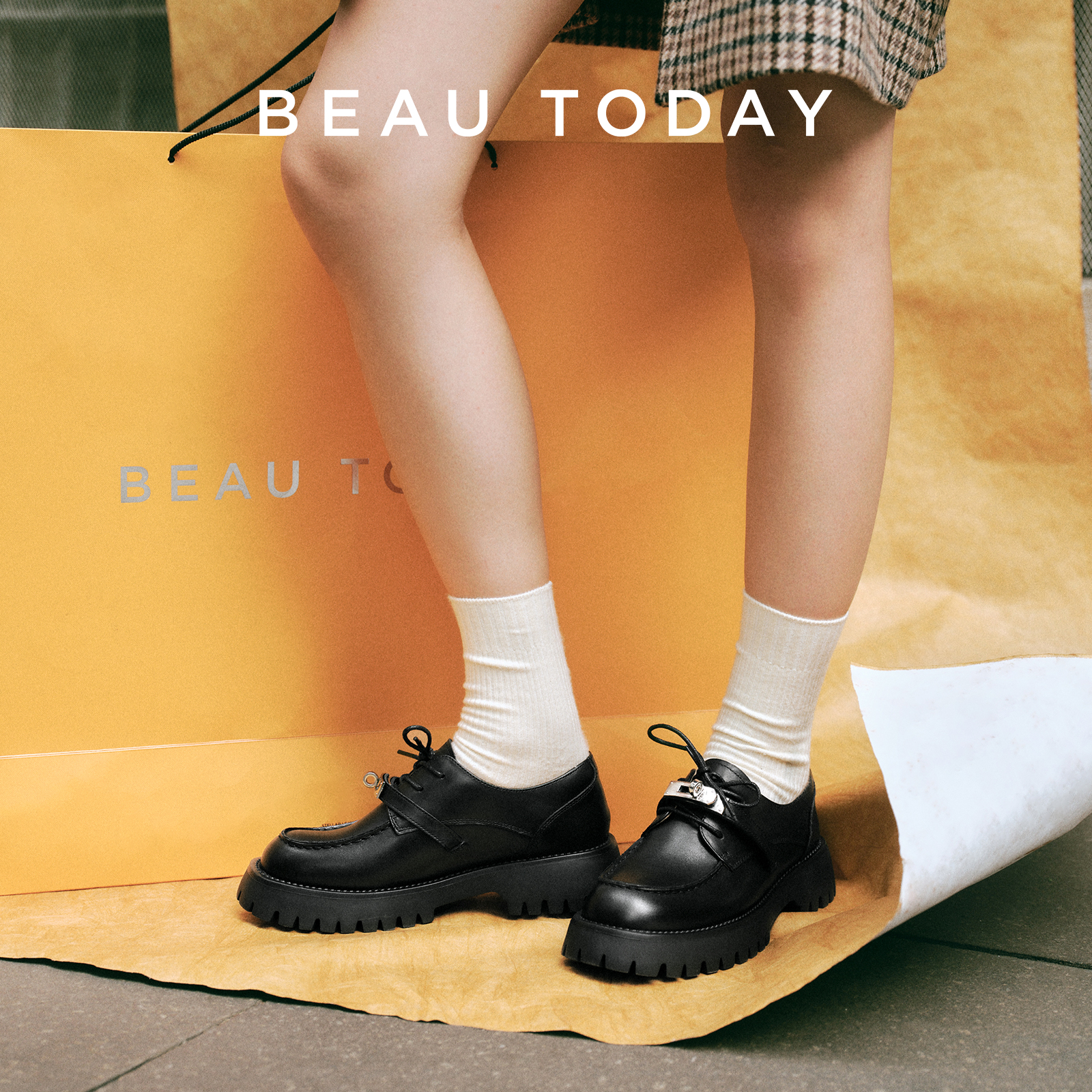 BeauToday金属扣英伦风小皮鞋女厚底单鞋增高乐福鞋