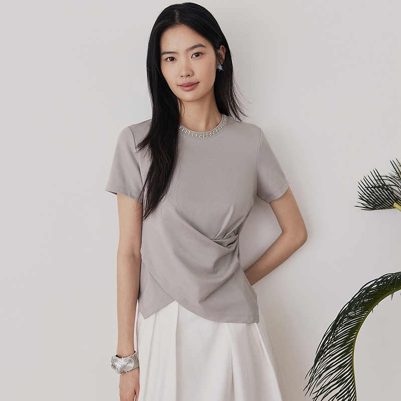 【晨晨专属】【瘦瘦衫】FS显瘦圆领褶皱收腰珠钻短袖T恤上衣女5380A