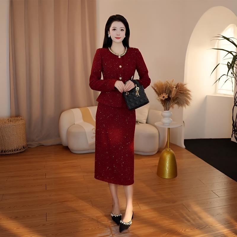 喜婆婆结婚敬酒服小香风两件套女2025新款妈妈礼服酒红色秋冬套装