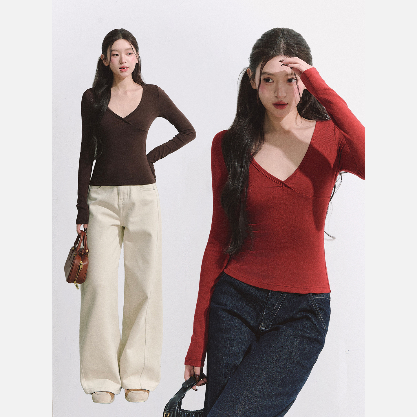 OIOI ESSE｜深V领分割打底衫百搭弹力修身显瘦T恤