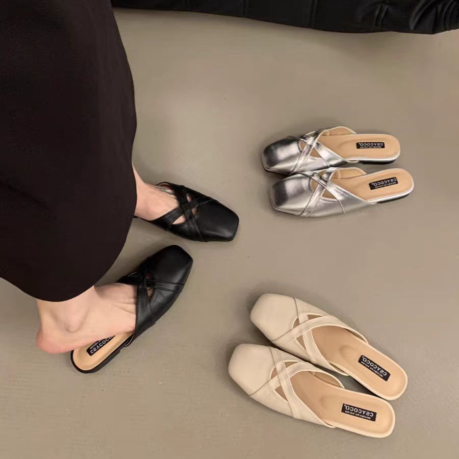 ZHIO方头法式风包头半拖女2025夏季pvc休闲平底拖鞋外穿女式凉鞋