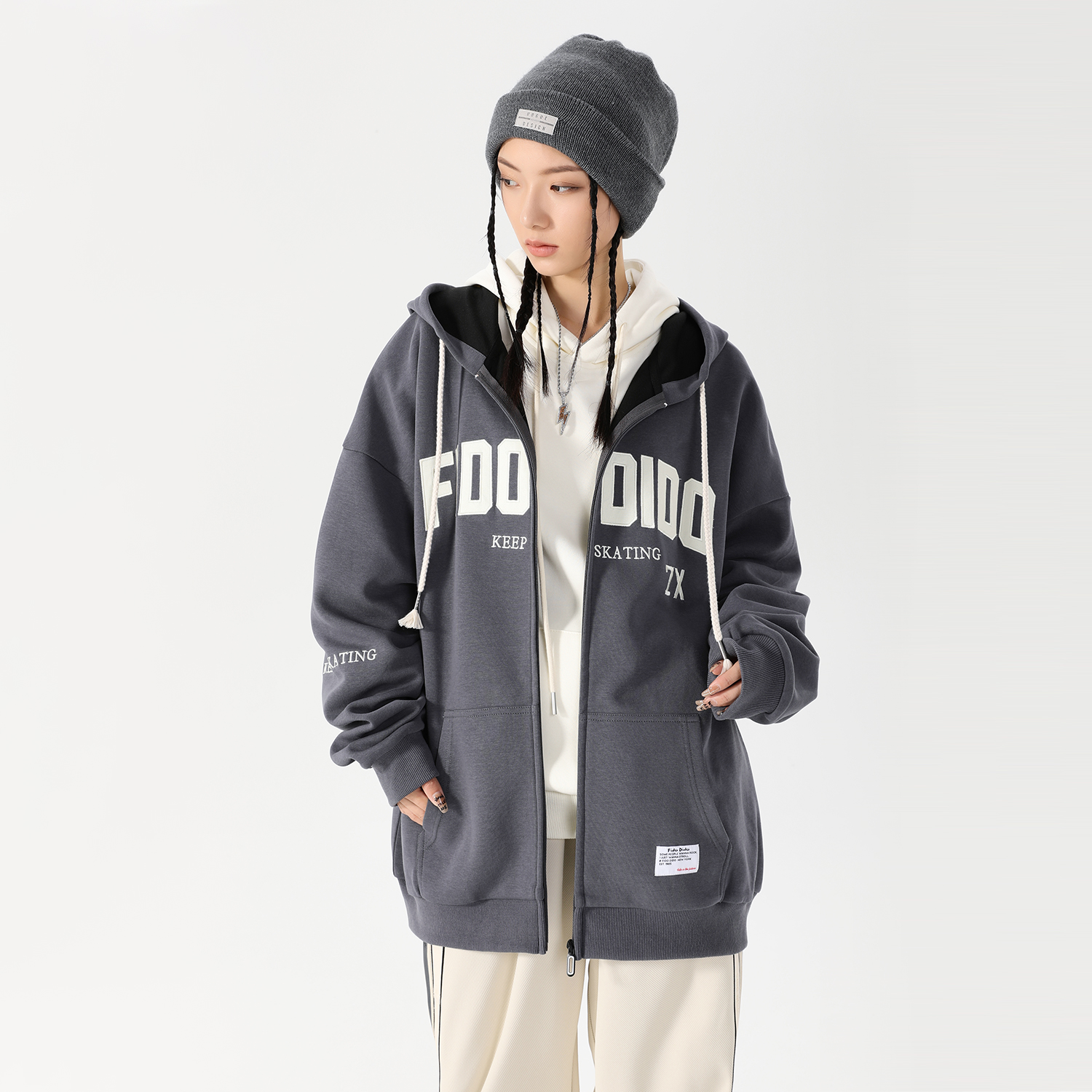 开衫款宽松型连帽情侣字母拉链卫衣秋冬加厚加绒夹克秋季慵懒