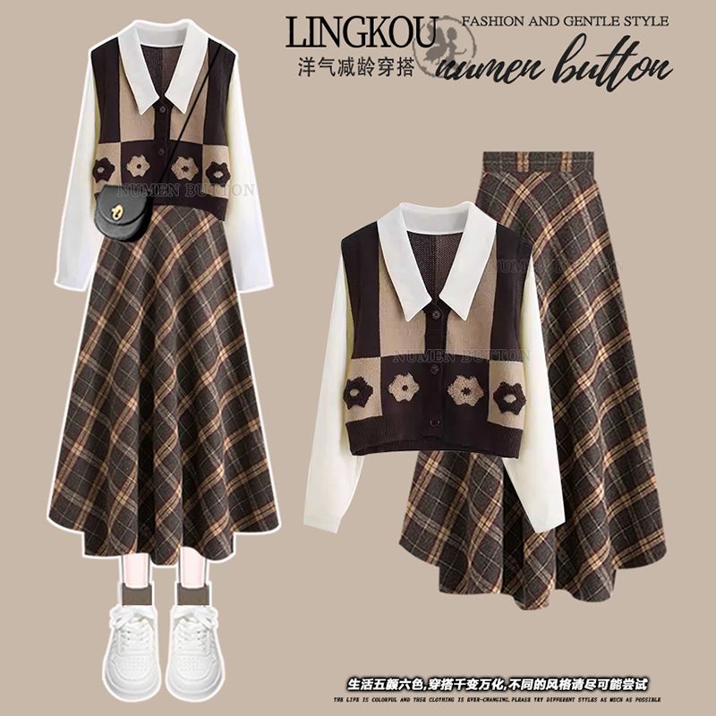 秋冬季新款套装高级感减龄假两件针织毛衣搭复古格子半身裙两件套