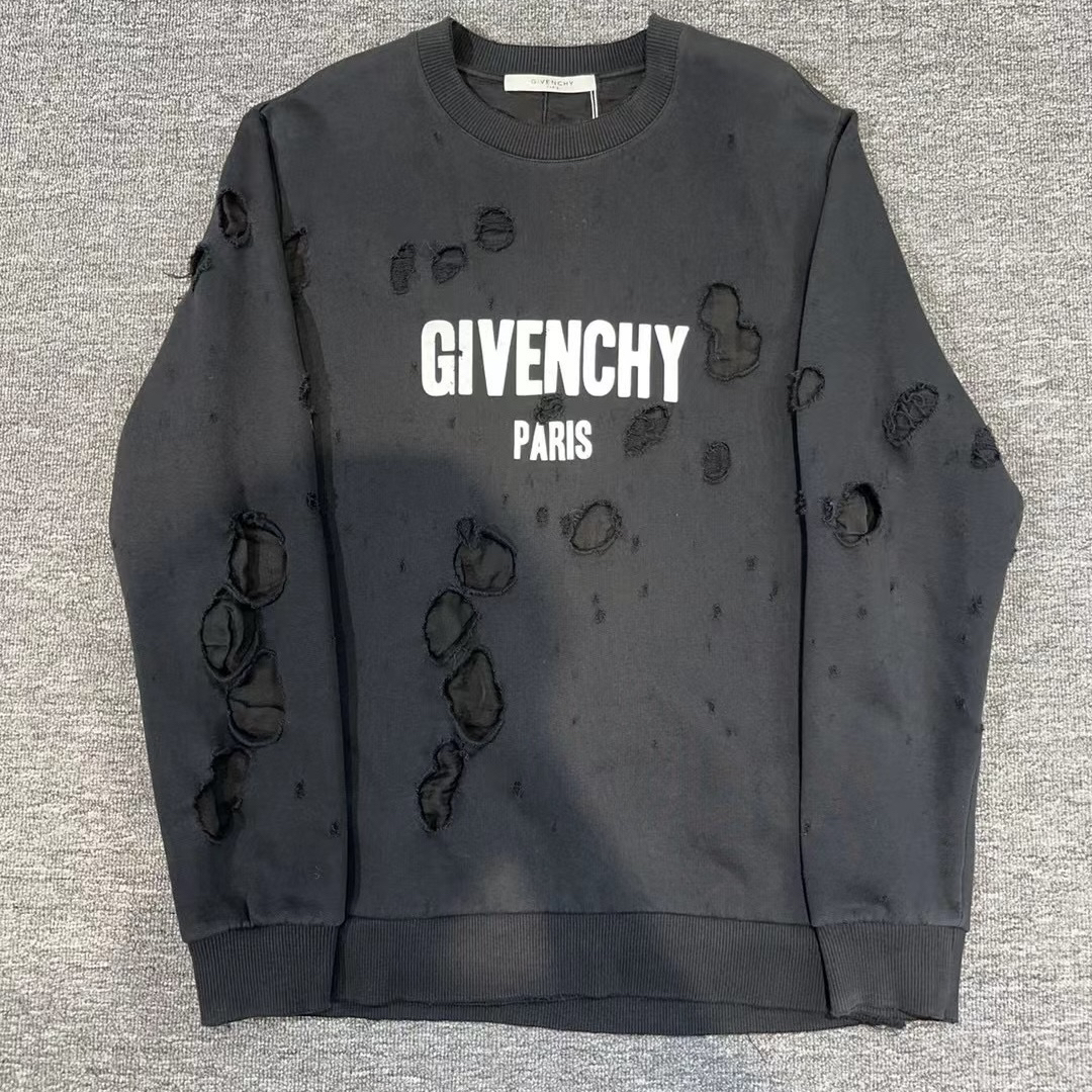 99新 Givenchy/纪梵希 黑色大破洞字母圆领卫衣/尺码：S