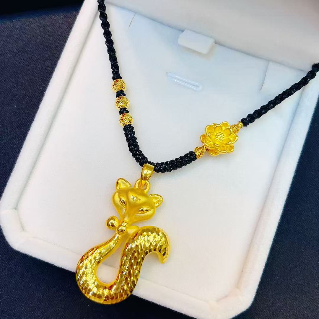 足金999黄金狐狸吊坠时尚编绳项链