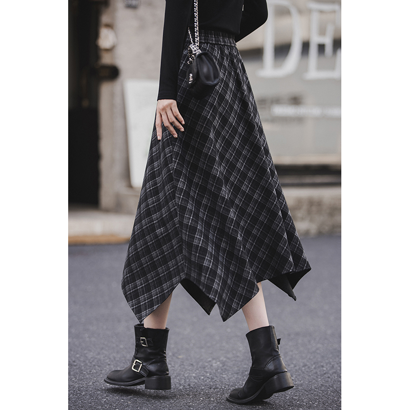 小谷粒艺术格纹裙 磨毛格子/亲肤 直筒大摆型+不规则剪裁