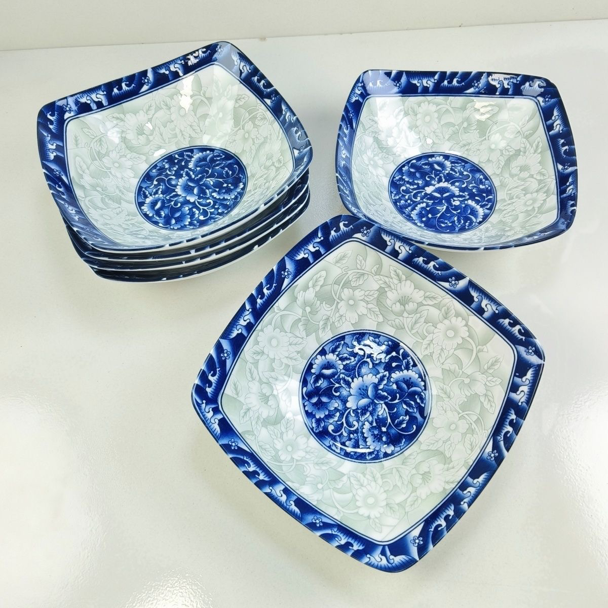 【8英寸4只装】青花瓷家用陶瓷四方碗高脚斗碗酒店饭店商用微波炉