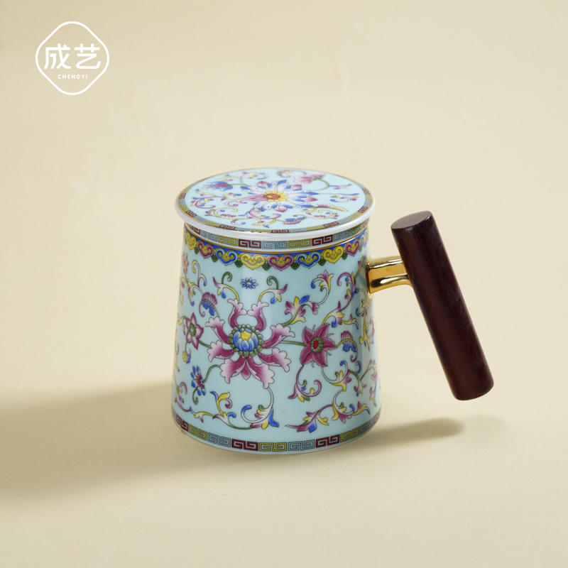 珐琅彩马克杯陶瓷办公杯带盖茶水分离过滤泡茶杯带盖陶瓷杯专用