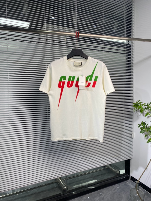 99新 GUCCI/古驰 短袖T恤 红绿锋刃字母 闪电 米白 S码 ko2034