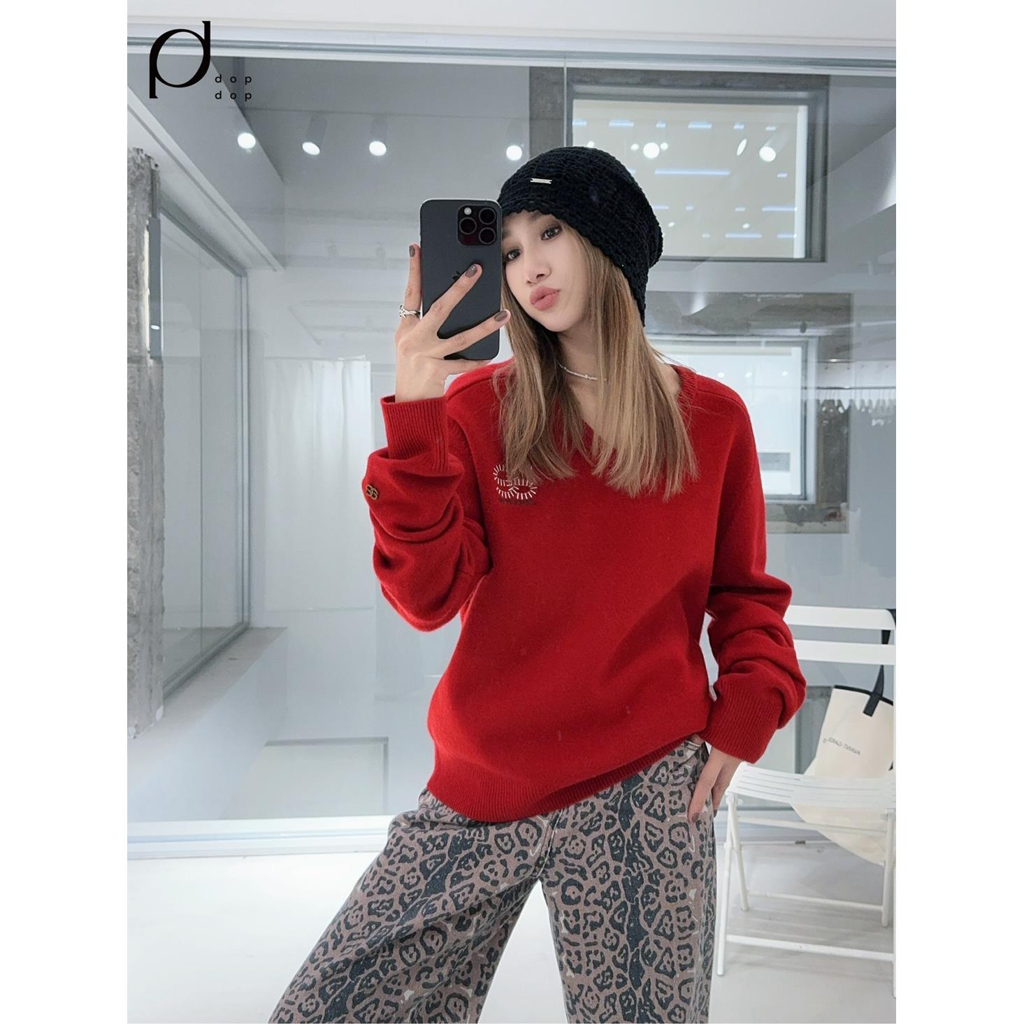 AVVENN2025春V领红色新年宽松毛衣女1690dopdop买手店