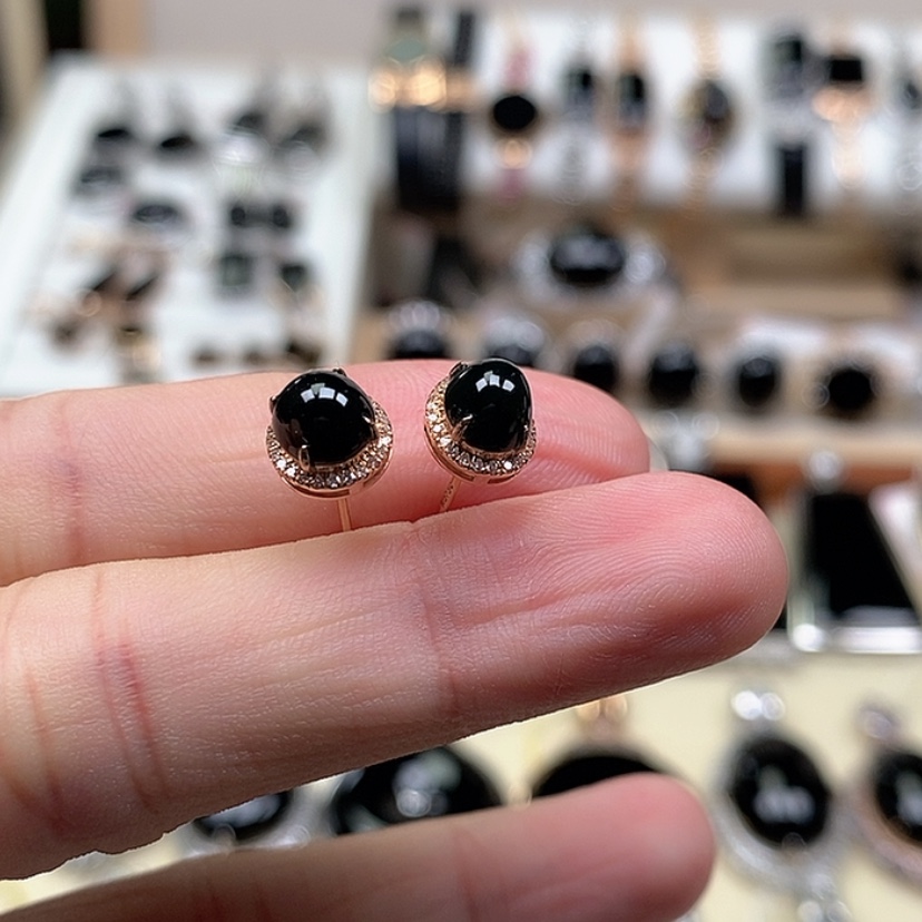 【闪购商品】翡翠耳钉18K金镶嵌墨翠