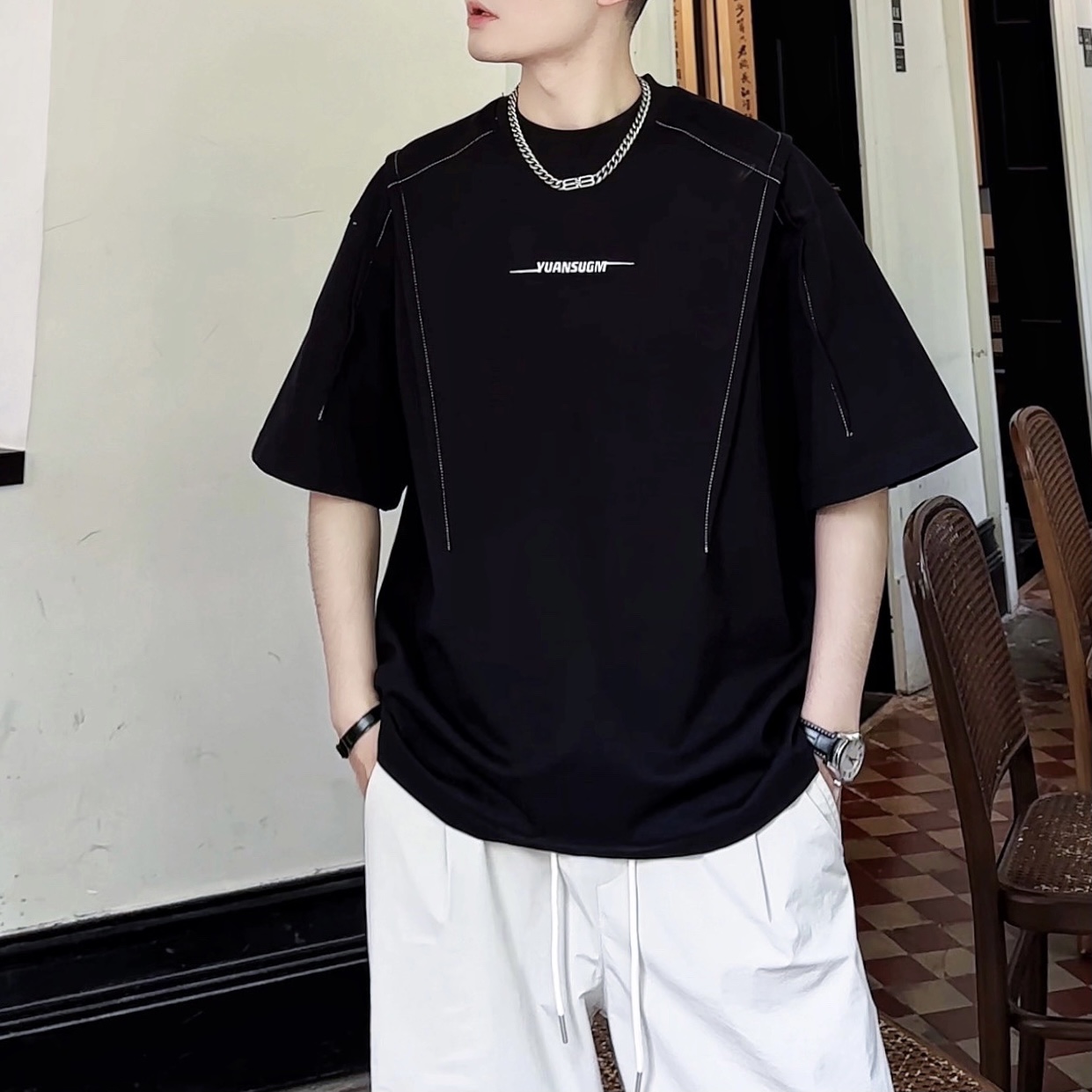 《糊涂潮专属》夏季新款男士圆领休闲宽松纯色立体百搭简约短袖T恤