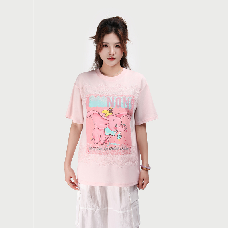 JY4TXC54063新款上新设计感中长款小飞象印花蕾丝字母短袖T恤女