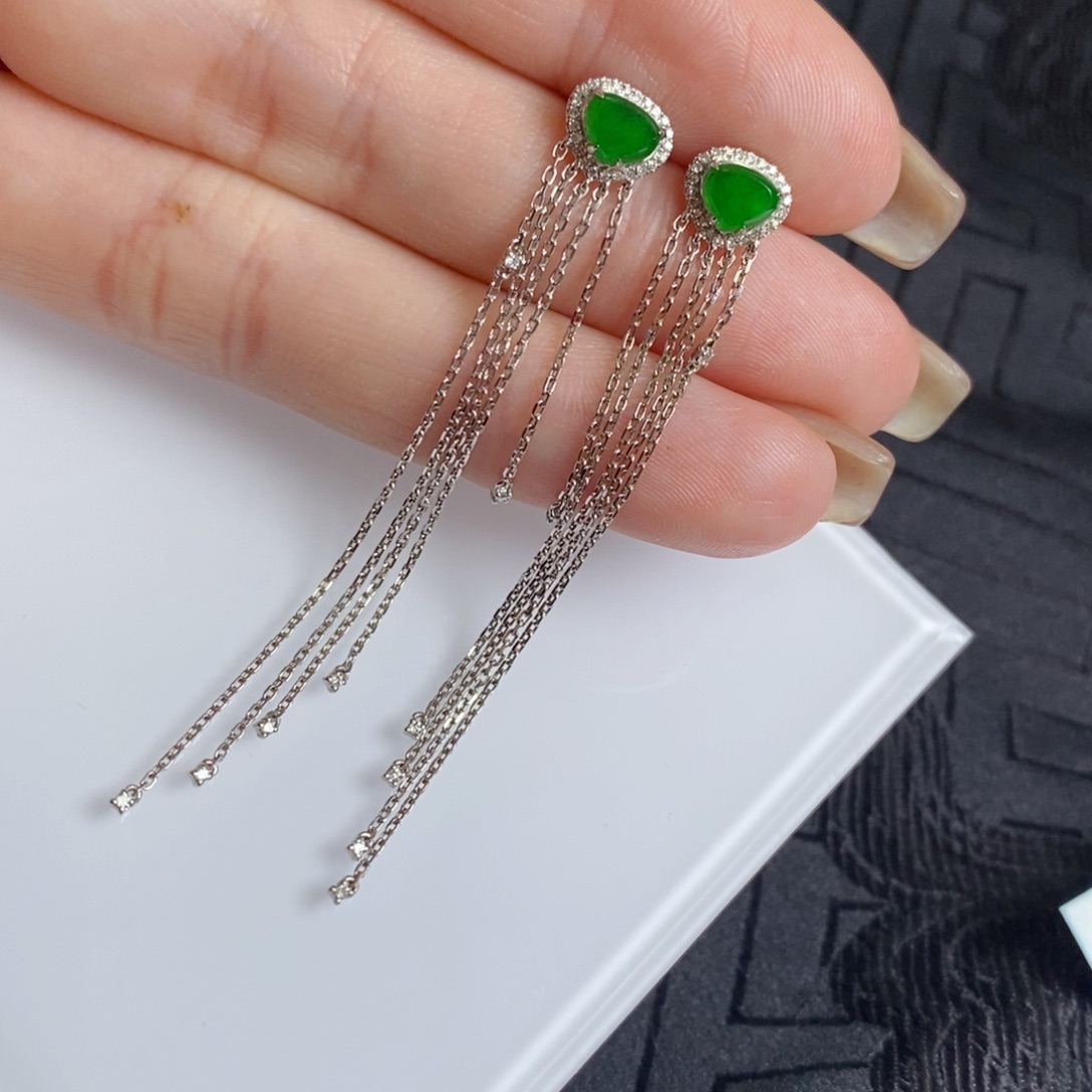 翡翠18K金镶嵌耳饰冰辣色小桃心流苏耳钉