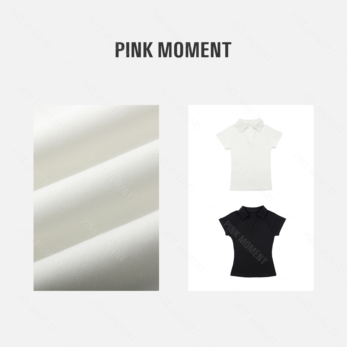 PM王囡囡 黑/白翻领插肩袖小V领短T恤 ND1B1239