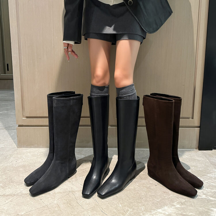 时尚冬季长靴棕色高筒靴女靴百搭女鞋小个子显瘦厚底高跟秋冬长筒