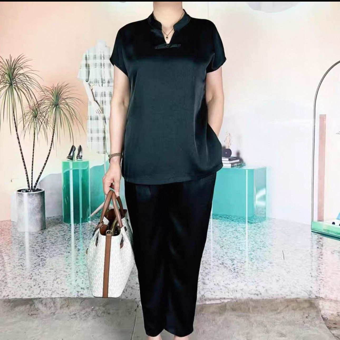 提花醋酸双织简约休闲短袖大码套装