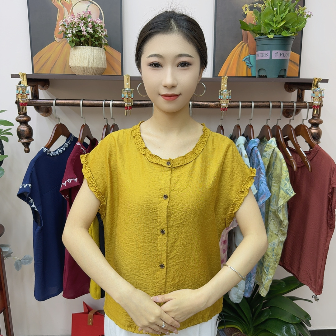 衬衫木耳夏季飞飞袖中老年上衣短袖小衫圆领包边0714