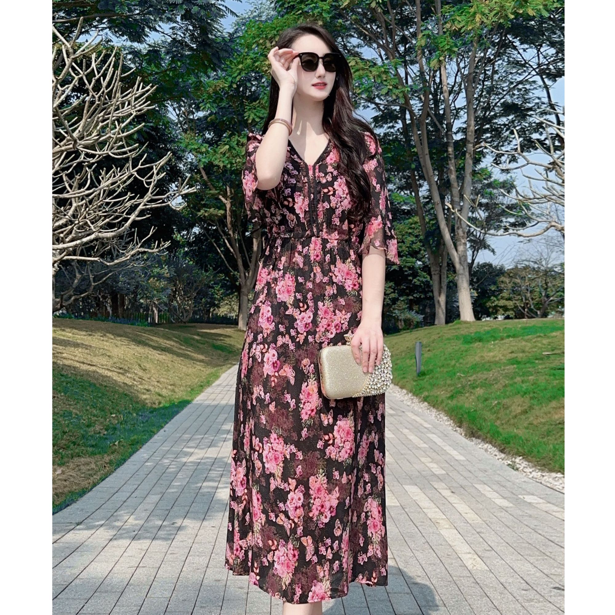 【2578暗香疏影】25年新款时尚显瘦法式气质印花桑蚕丝连衣裙长118